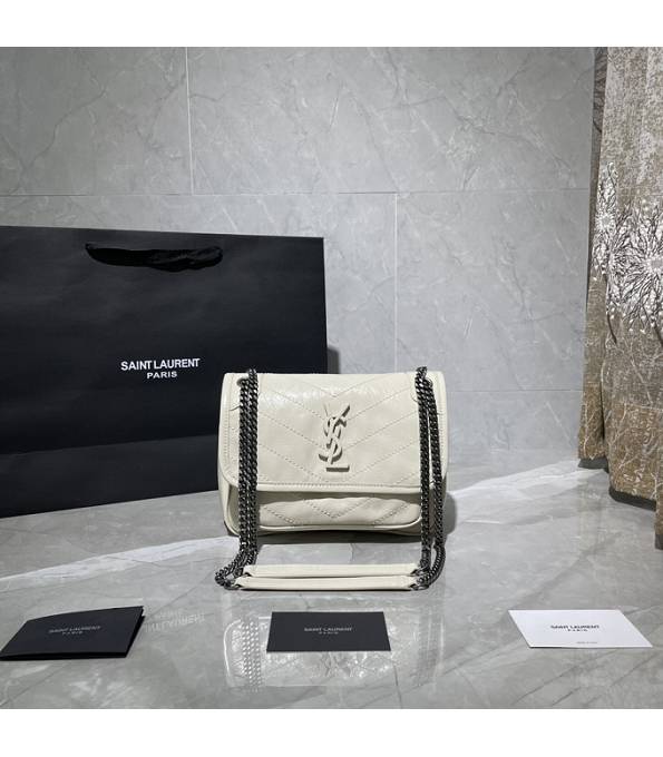 YSL Niki White Original Oil Wax Calfskin Leather Silver Chain Small Crossbody Bag