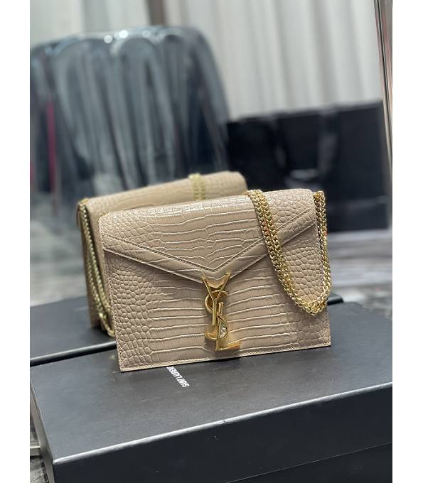 YSL Cassandra Apricot Original Croc Veins Calfskin Leather Golden Chain Small Clasp Bag