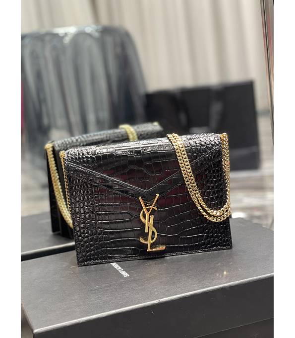 YSL Cassandra Black Original Croc Veins Calfskin Leather Golden Chain Small Clasp Bag