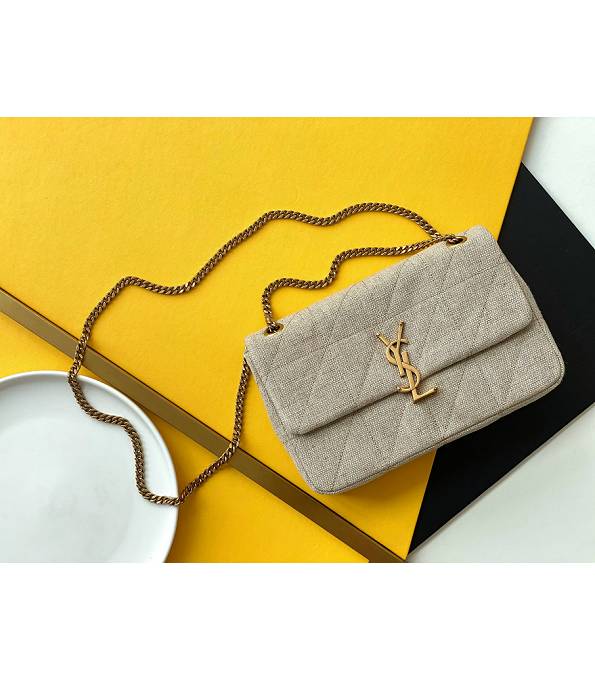 YSL Carre Rive Gauche Beige Linen With Original Calfskin Leather Golden Metal Shoulder Bag