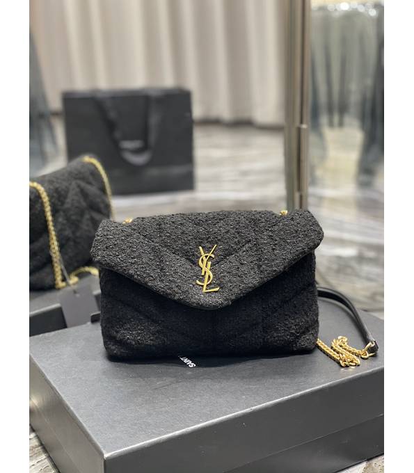 YSL LouLou Puffer Black Tweed With Original Soft Leather Golden Metal Mini Shoulder Bag