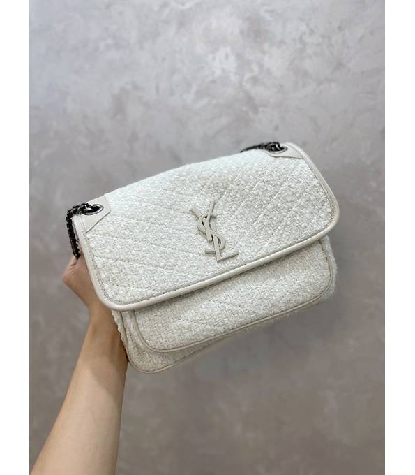 YSL Niki White Tweed With Original Leather Silver Chain Medium Crossbody Bag