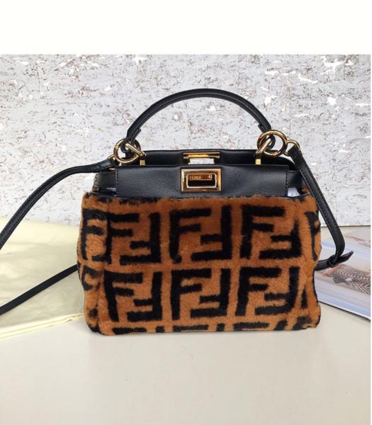 Fendi Peekaboo Brown FF Lambswool With Black Original Lambskin Leather 23cm Bag