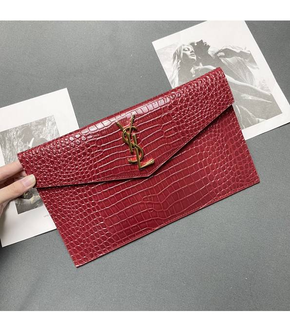 YSL Uptown Red Original Croc Veins Calfskin Leather Golden Metal Envelope Pouch