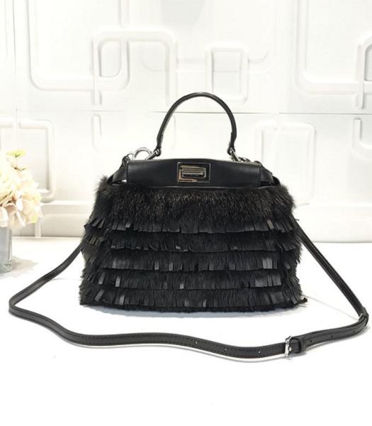 Fendi Peekaboo Black Wool Tassel With Lambskin Leather Silver Metal 23cm Bag