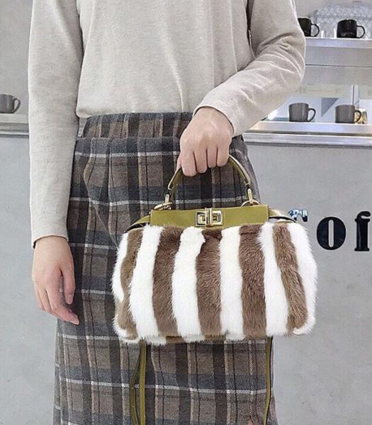 Fendi Peekaboo Coffee/White Stripe Original Mink With Army Green Leather 23cm Bag