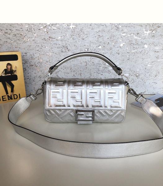 Fendi Baguette Three-Dimensional FF Silver Original Lambskin 26cm Medium Shoulder Bag