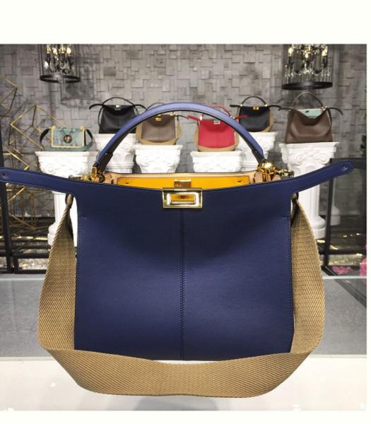 Fendi Peekaboo X-Lite Dark Blue Original Leather Golden Metal 30cm Tote Bag