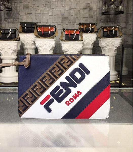 Fendi Triplette Mania Printed White/Dark Blue Original Leather 30cm Clutch