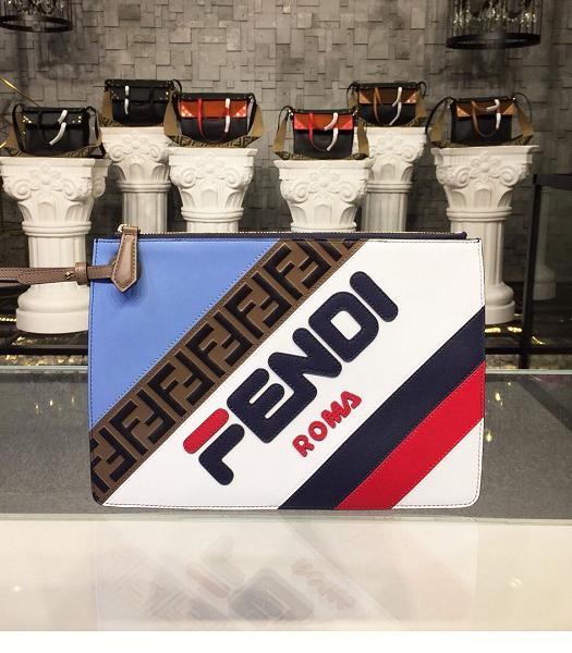 Fendi Triplette Mania Printed White/Light Blue Original Leather 30cm Clutch