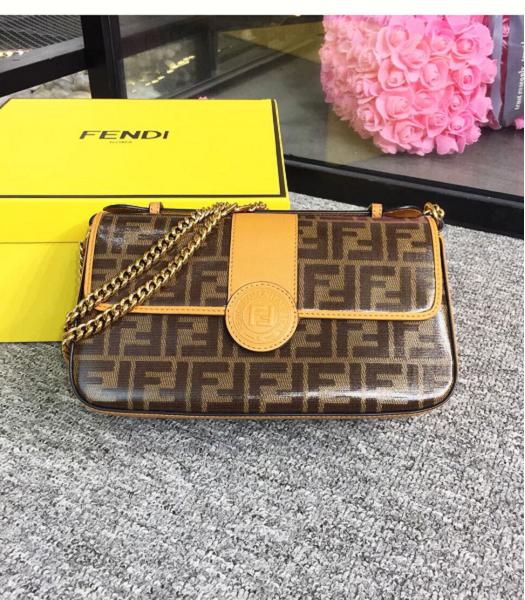 Fendi Double F PVC With Brown Original Leather 27cm Medium Chain Shoulder Bag