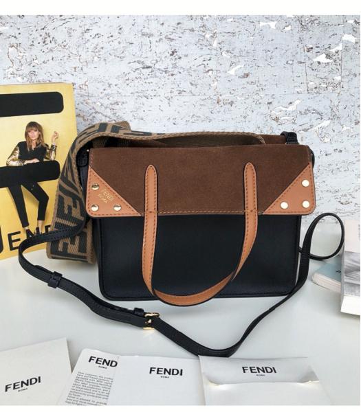 Fendi Flip Black Original Calfskin With Coffee Suede Leather 20cm Mini Tote Shoulder Bag