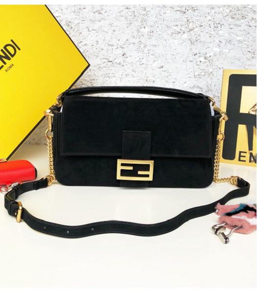 Fendi Baguette Black Original Deerskin Leather 28cm Medium Bag