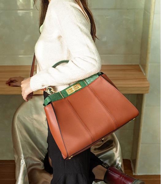 Fendi Peekaboo Dark Brown Original Leather With Green Croc Lether Opening 33cm Tote Bag