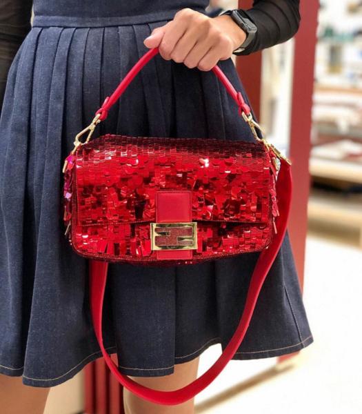 Fendi Baguette Red Sequins Leather 26cm Medium Bag