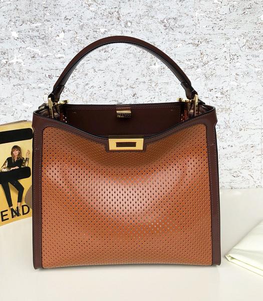 Fendi Peekaboo Coffee Oil Wax With Brown Original Hollow Leather 30cm Tote Bag