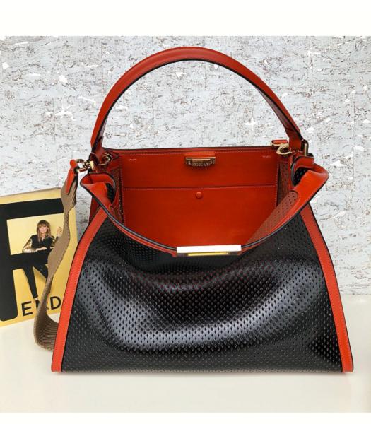 Fendi Peekaboo Red Oil Wax With Black Original Hollow Leather 38cm Tote Bag