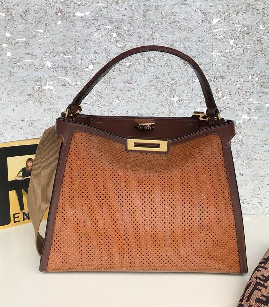 Fendi Peekaboo Brown Oil Wax With Orange Original Hollow Leather 38cm Tote Bag