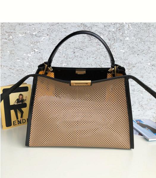 Fendi Peekaboo Black Oil Wax With Apricot Original Hollow Leather 42cm Tote Bag