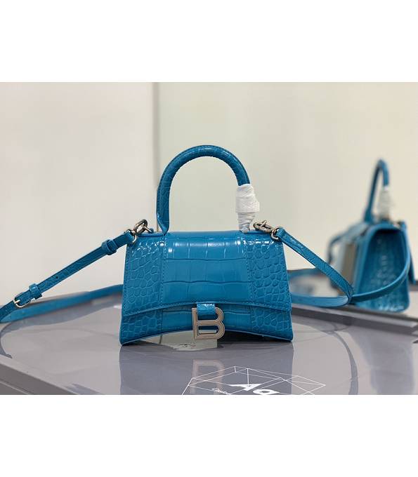 Balenciaga Electric Blue Original Croc Veins Calfskin Leather Silver Metal 19cm Hourglass Bag