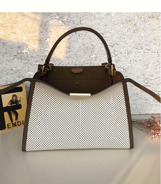 Fendi Peekaboo Brown Oil Wax With White Original Hollow Leather 42cm Tote Bag