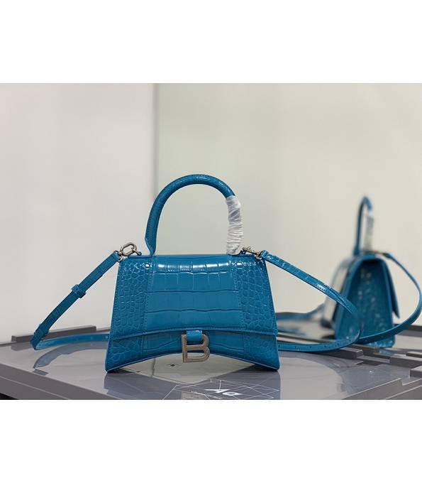 Balenciaga Electric Blue Original Croc Veins Calfskin Leather Silver Metal 23cm Hourglass Bag