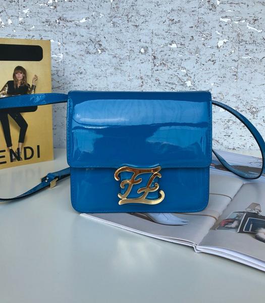 Fendi Karligraphy Blue Patent Leather Golden Metal 17cm Flap Shoulder Bag