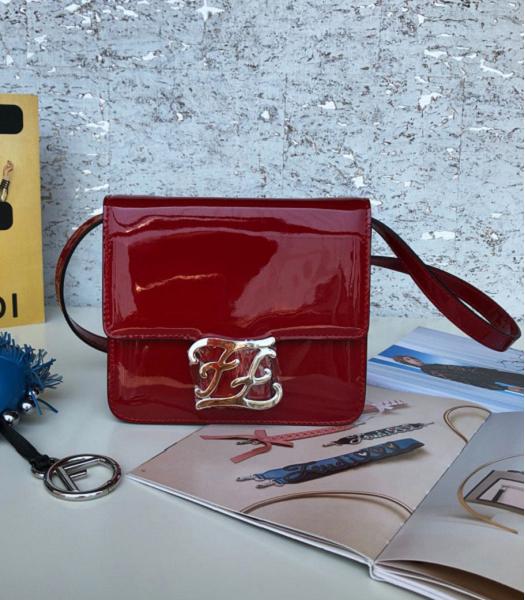 Fendi Karligraphy Red Patent Leather Silver Metal 17cm Flap Shoulder Bag