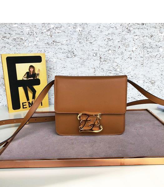 Fendi Karligraphy Brown Original Leather Golden Metal 17cm Flap Shoulder Bag