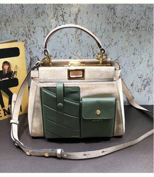 Fendi Peekaboo Iconic Green Calfskin With Light Grey Scrub Leather 23cm Mini Pocket Bag