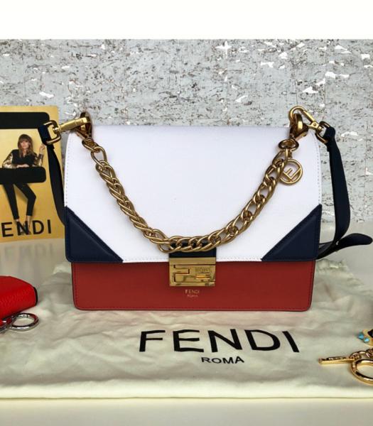 Fendi Kan U White Canvas With Red Brown Original Leather 25cm Medium Shoulder Bag