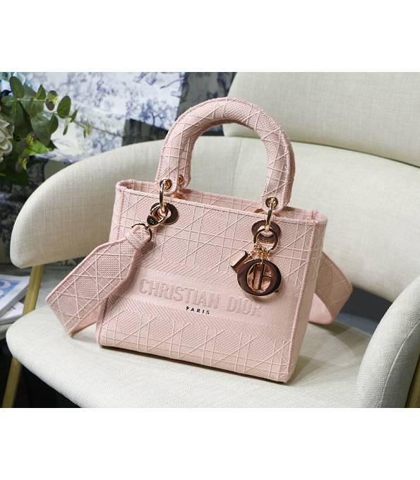 Christian Dior Rhomb Embroidered Pink Canvas With Original Leather 24cm Tote Bag