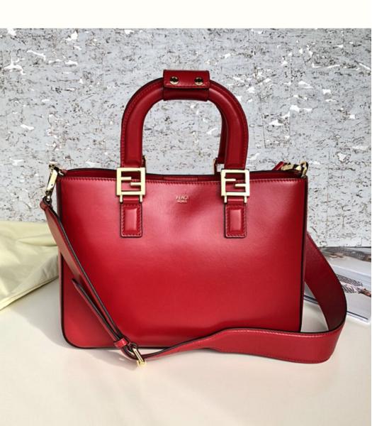 Fendi FF Red Oil Wax Original Leather Golden Metal Tote Bag