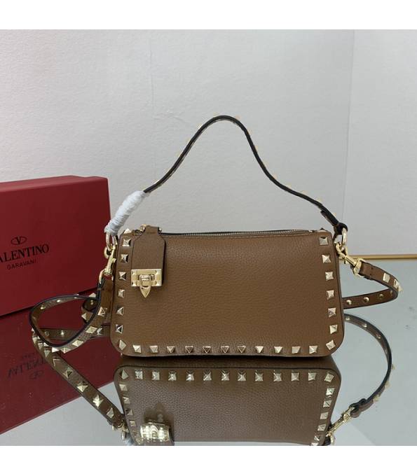 Valentino Valentino Garavani Rockstud Brown Original Calfskin Golden Rivet 19cm Small Crossbody Bag