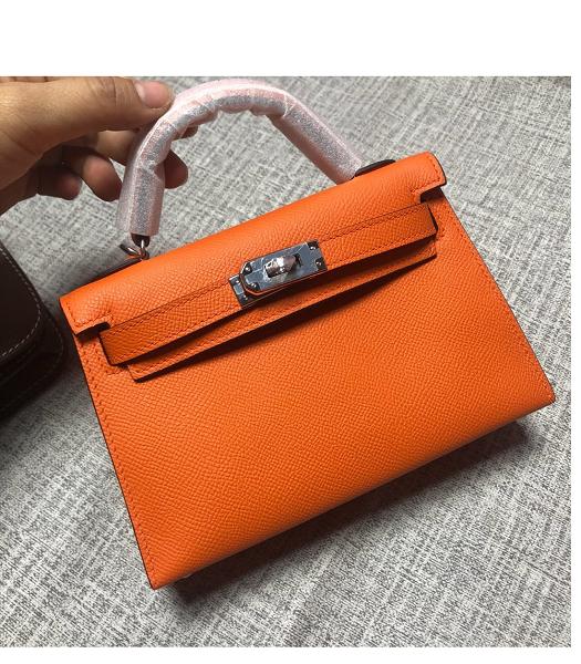 Hermes Kelly 19cm Mini Tote Bag Orange Imported Leather Silver Metal