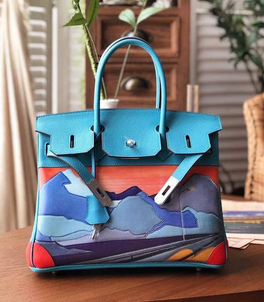 Hermes Birkin 30cm Bag Mountain Print Blue Imported Togo Leather Silver Metal