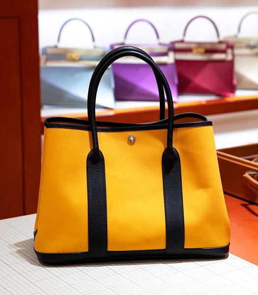 Hermes 32cm Garden Party Tote Bag Yellow Fabric With Black Imported Leather