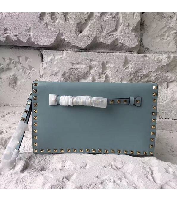 Valentino Light Blue Original Plain Veins Calfskin Leather Golden Rivet 28cm Clutch