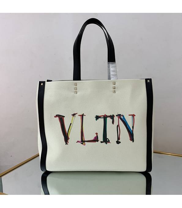 Valentino White Canvas With Black Original Calfskin Leather 37cm Shopping Tote Bag