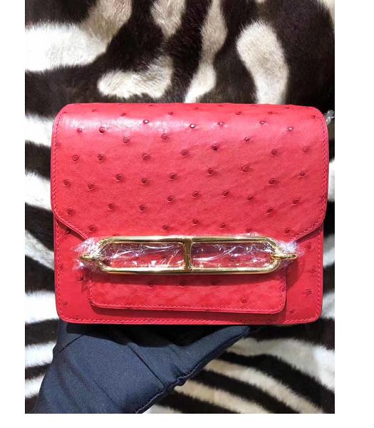 Hermes Roulis Mini 18cm Bag Red Real Ostrich Leather Golden Meatal