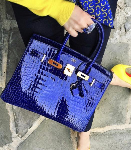 Hermes Birkin 30cm Bag Dark Blue Real Croc Patent Leather Golden Metal