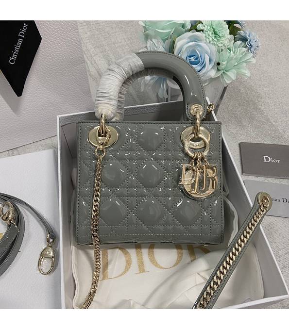 Christian Dior Mini Lady Classic Grey Original Patent Leather Golden Metal 17cm Tote Bag