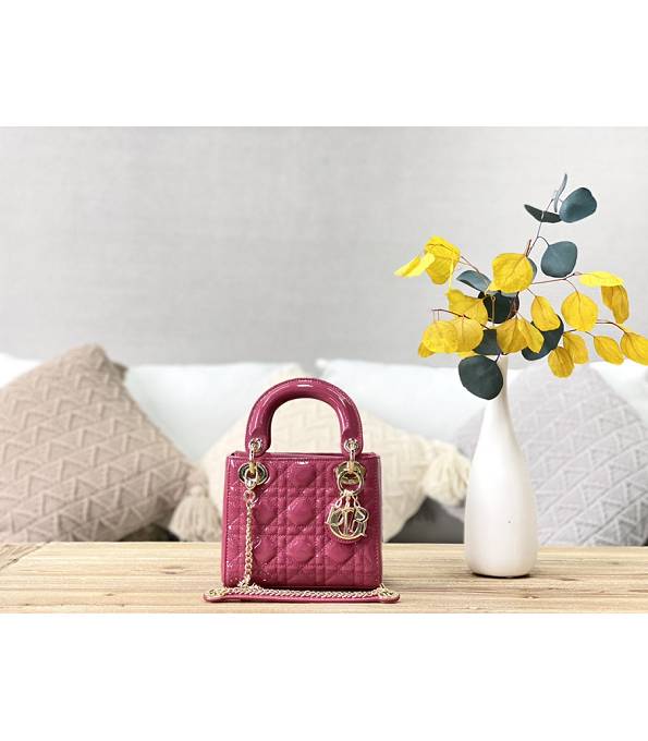 Christian Dior Mini Lady Classic Rose Red Original Patent Leather Golden Metal 17cm Tote Bag