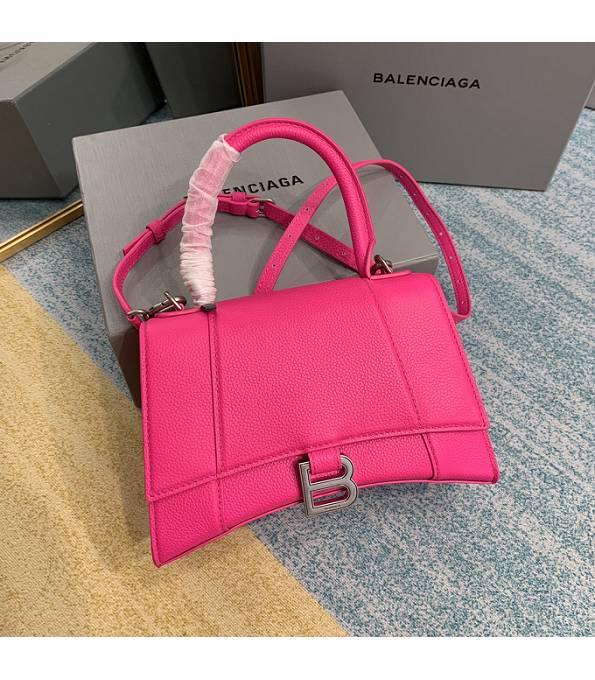 Balenciaga Fluorescence Rose Red Original Litchi Veins Calfskin Leather Silver Metal 23cm Hourglass Bag