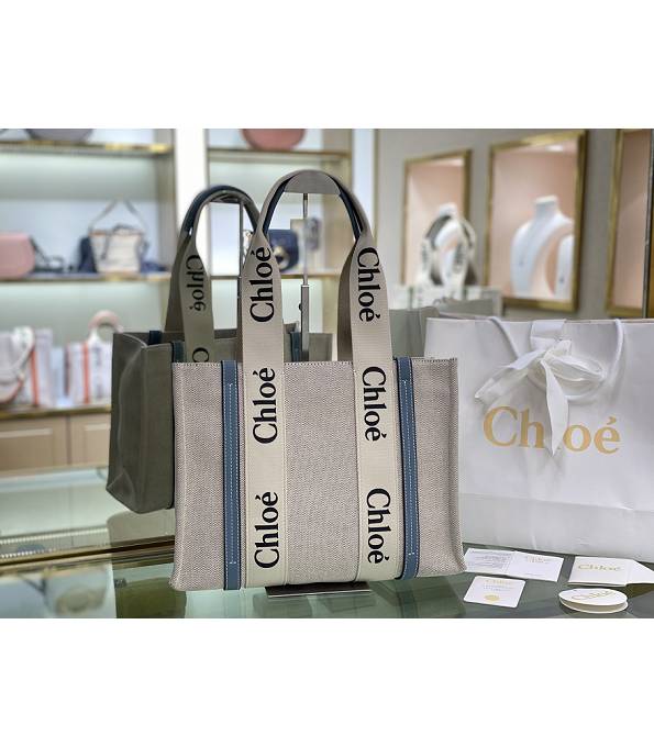 Chloe Canvas With Haze Blue Original Leather Medium Woody Tote Bag