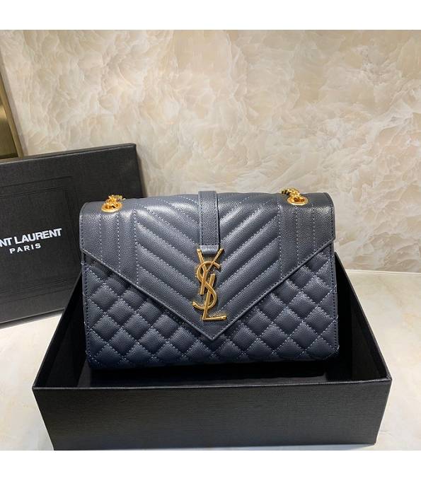 YSL Grey Blue Original Chevron Caviar Veins Calfskin Leather Golden Metal 24cm Envelope Bag