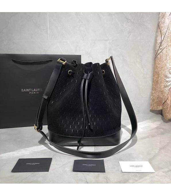 YSL Black Original Scrub Leather Monogram All Over Bucket Bag