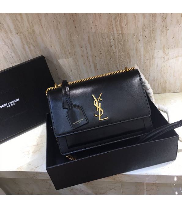 YSL Sunset Black Original Pin Stripes Calfskin Leather Golden Metal 22cm Crossbody Bag