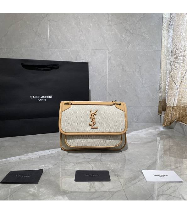 YSL Niki Baby White Linen With Apricot Original Calfskin Leather Golden Chain 22cm Shoulder Bag