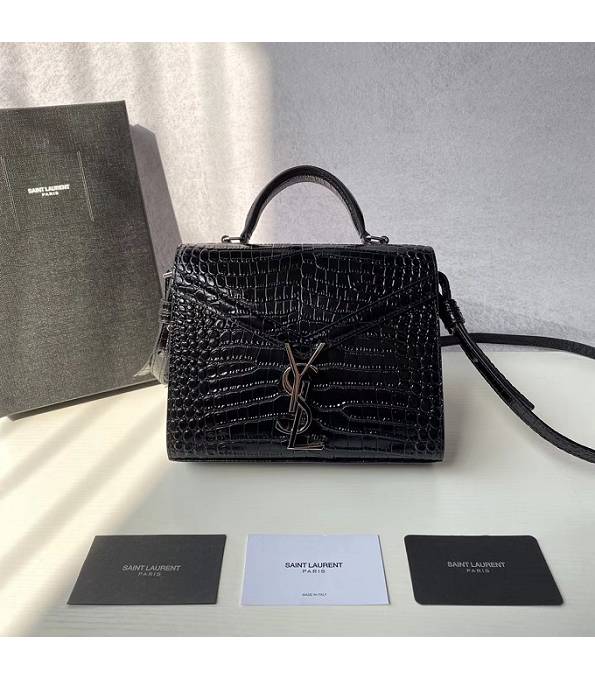 YSL Cassandra Black Original Croc Veins Leather Silver Metal Mini Top Handle Bag